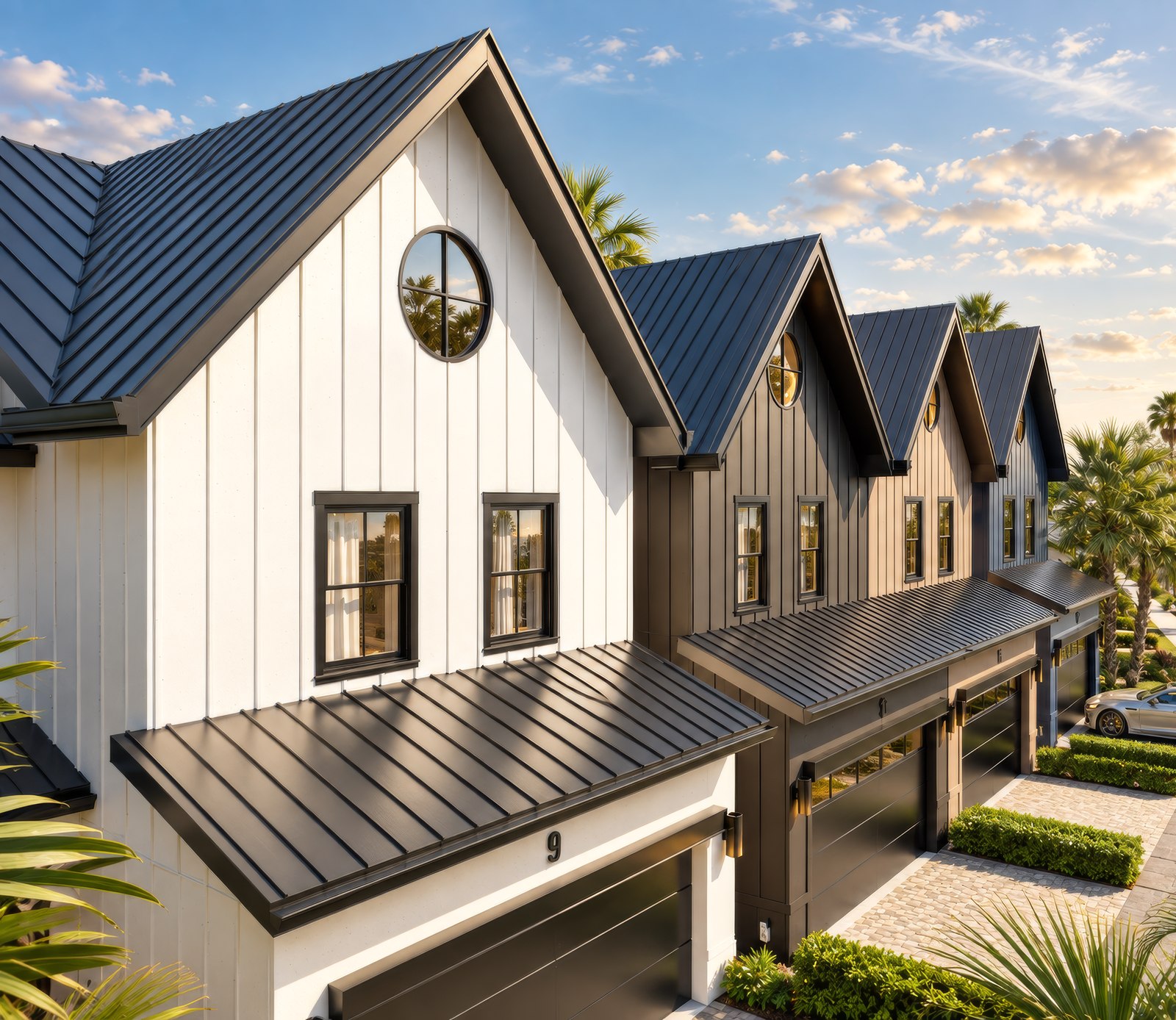 Gables and standing-seam roofs along the row