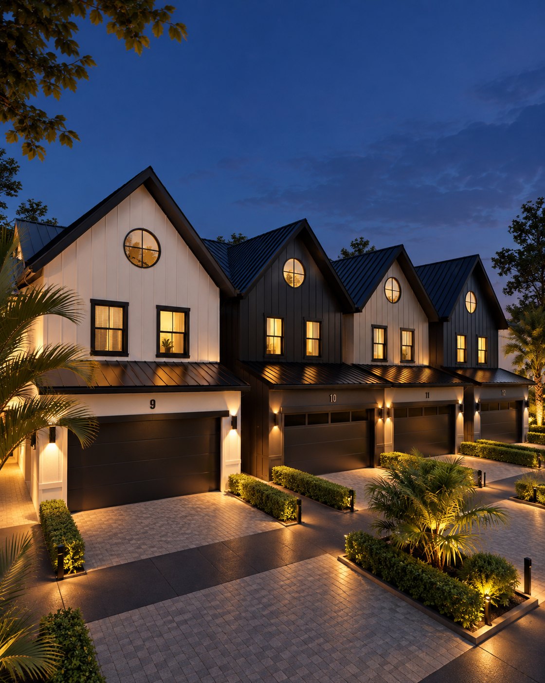 The townhomes at night