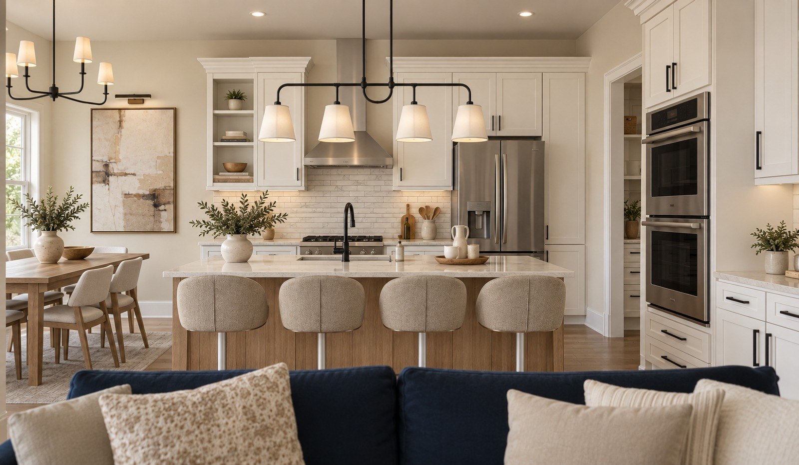 Open kitchen and living area with the fireplace wall