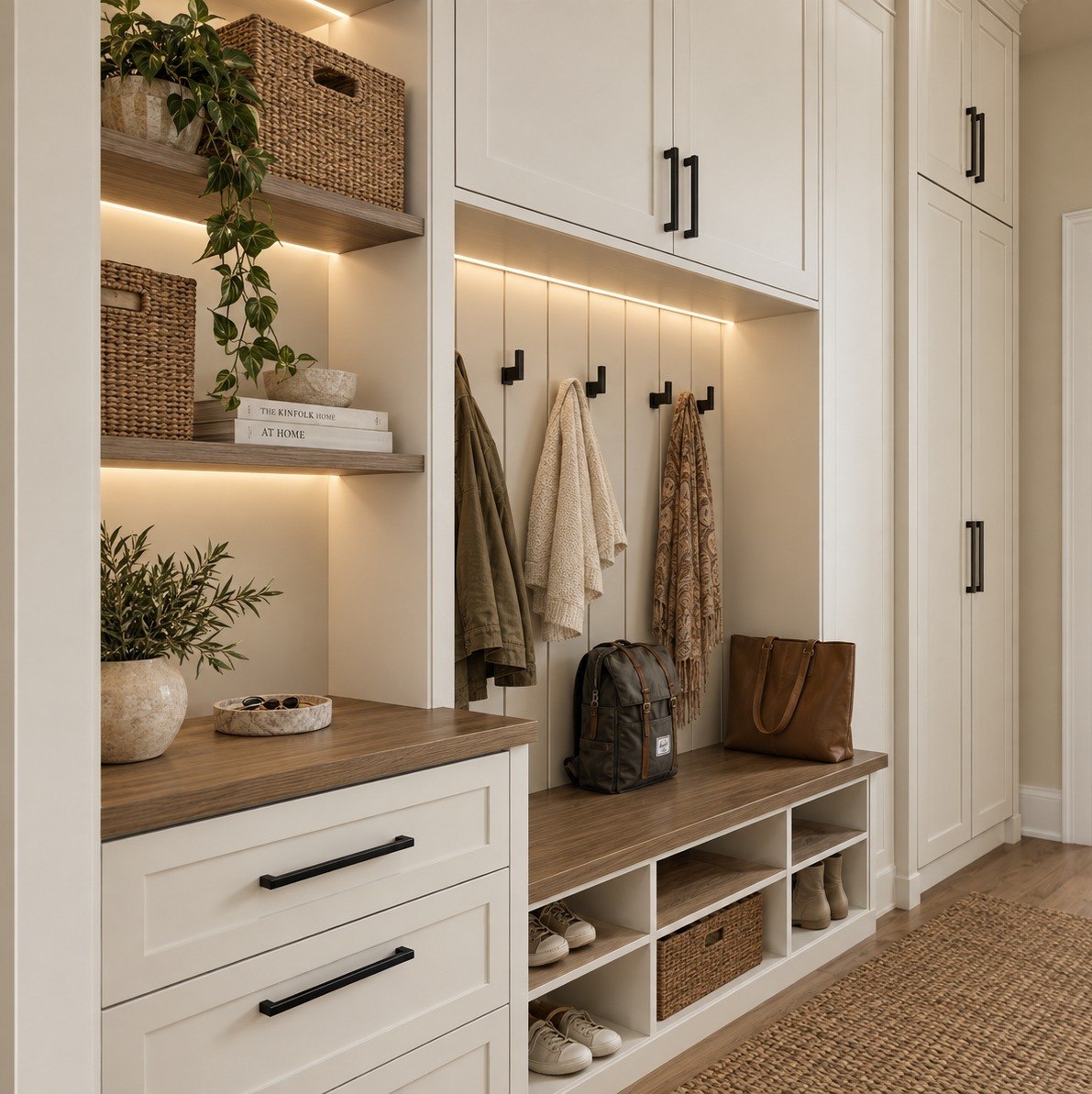 Mud room with bench, hooks and closed storage