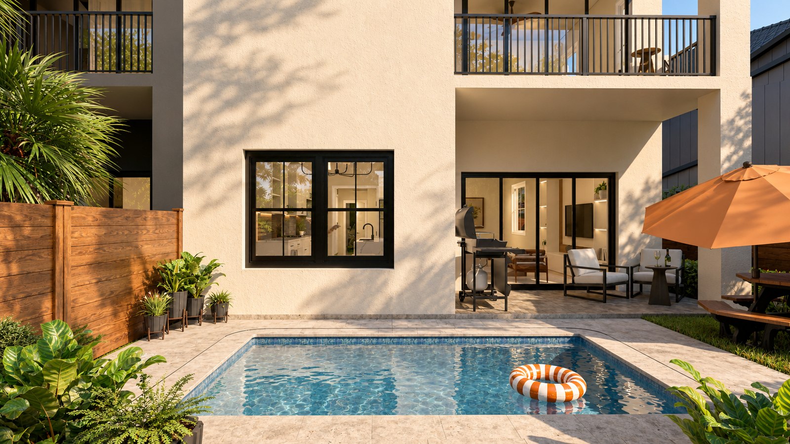 The same backyard with an 8 by 10 foot plunge pool