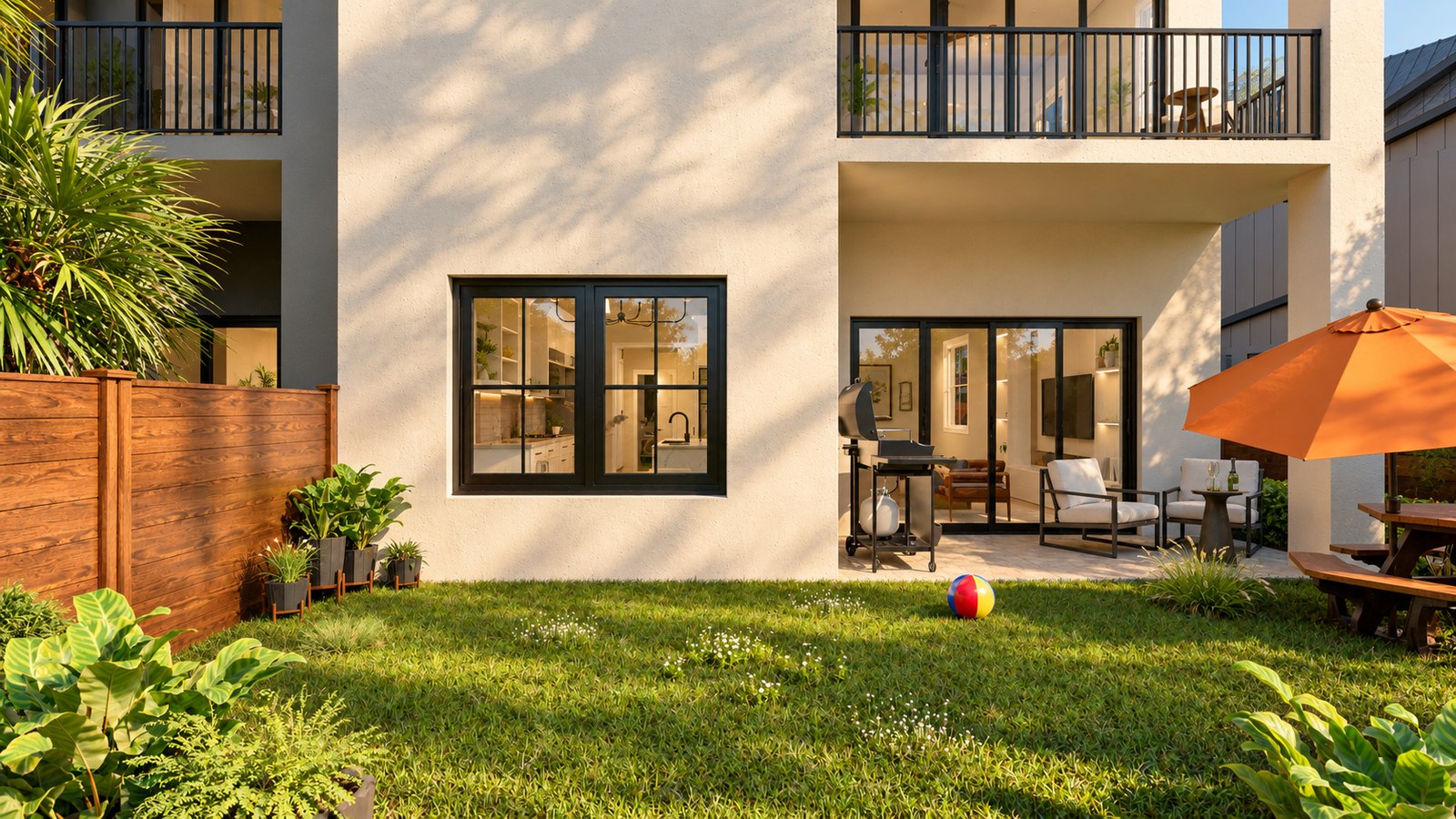 Backyard with a lawn, without a plunge pool