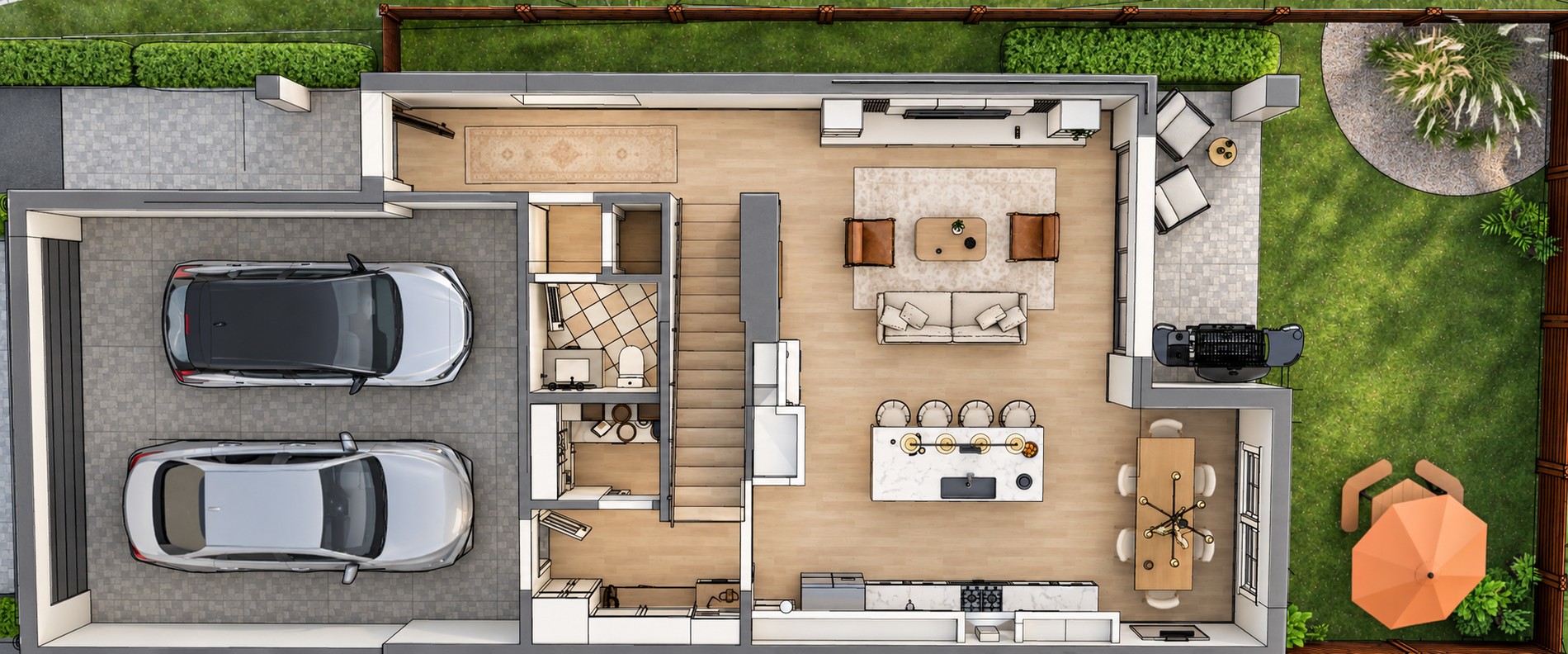 First floor plan with a lawn in the backyard
